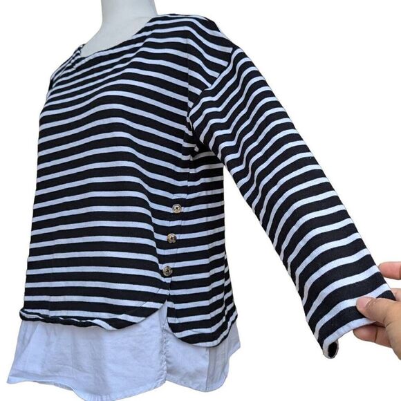 Izod Mock Layered Knit Sweater Pullover Black and White Striped Size L Buttons - Picture 4 of 9